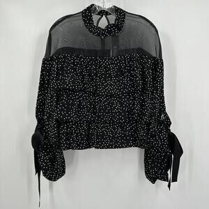For Her NYC Womens Sheer Ruffle Top Size L Polka Dot Tie Sleeve Cottagecore Y2K